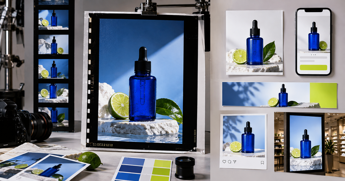 Editorial product media composition for omnichannel product content without duplicate files
